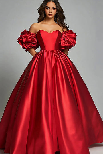 Rød Off The Shoulder En linje Satin Flæser Gallakjole